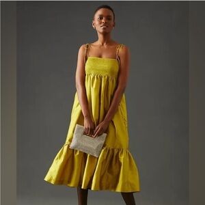 Anthropologie Dhruv Kapoor Smocked Cermise Dress Chartreuse